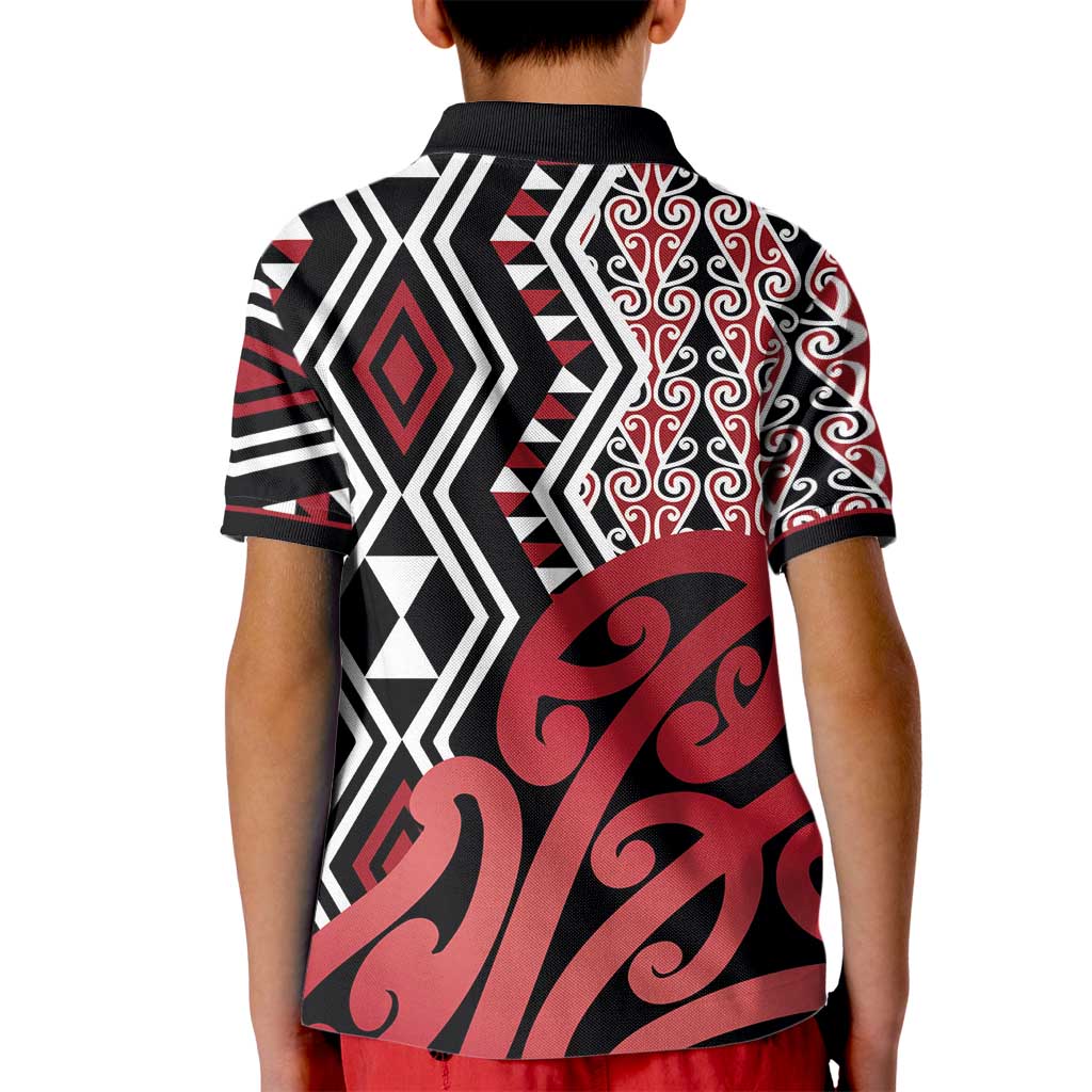 New Zealand Kid Polo Shirt Aotearoa Kowhaiwhai Mix Taniko Art - Red - Vibe Hoodie Shop