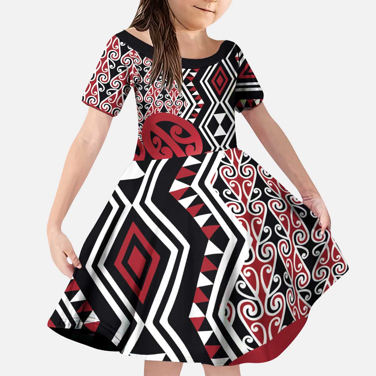 New Zealand Kid Short Sleeve Dress Aotearoa Kowhaiwhai Mix Taniko Art - Red - Vibe Hoodie Shop