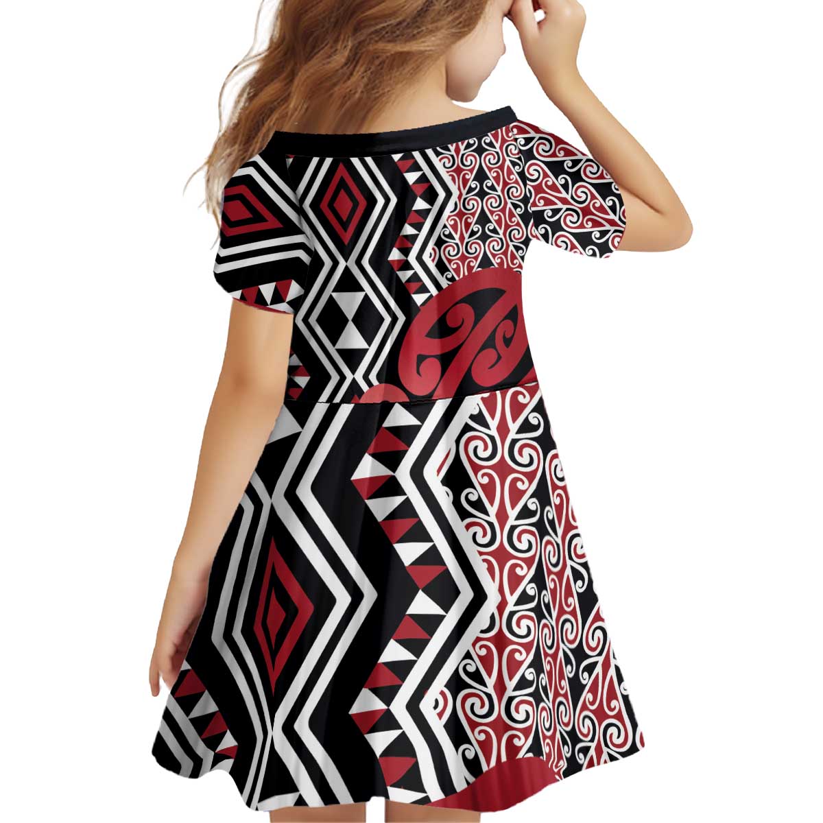 New Zealand Kid Short Sleeve Dress Aotearoa Kowhaiwhai Mix Taniko Art - Red - Vibe Hoodie Shop