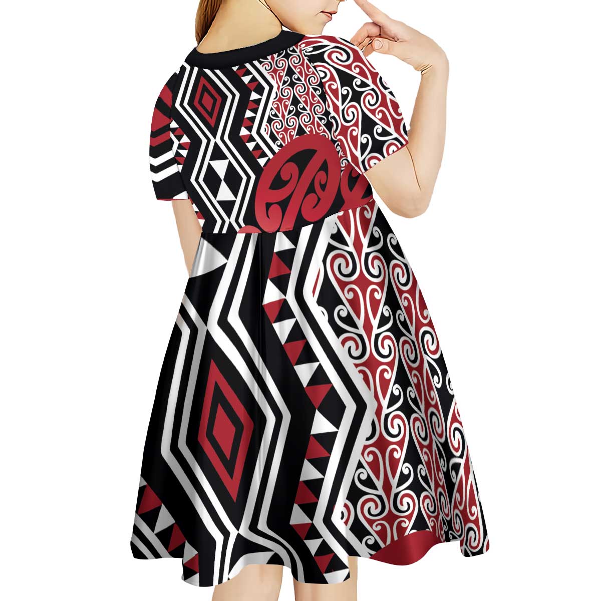 New Zealand Kid Short Sleeve Dress Aotearoa Kowhaiwhai Mix Taniko Art - Red - Vibe Hoodie Shop