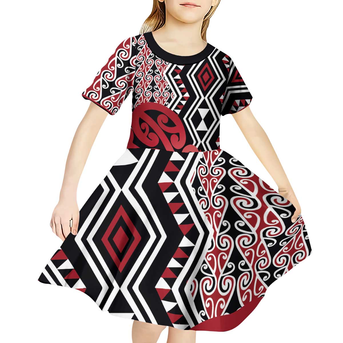 New Zealand Kid Short Sleeve Dress Aotearoa Kowhaiwhai Mix Taniko Art - Red - Vibe Hoodie Shop