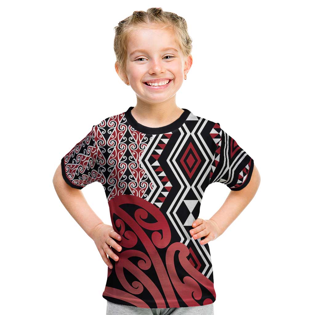 New Zealand Kid T Shirt Aotearoa Kowhaiwhai Mix Taniko Art - Red - Vibe Hoodie Shop