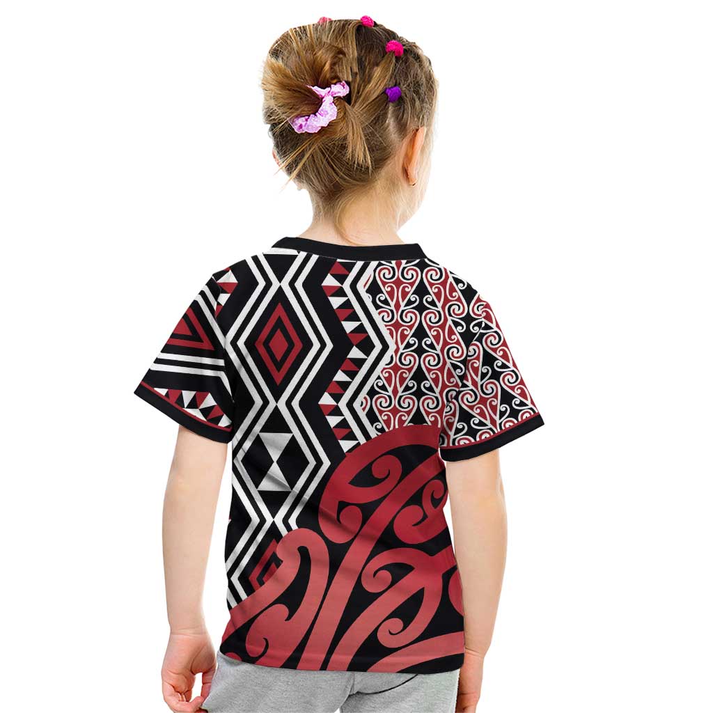 New Zealand Kid T Shirt Aotearoa Kowhaiwhai Mix Taniko Art - Red - Vibe Hoodie Shop