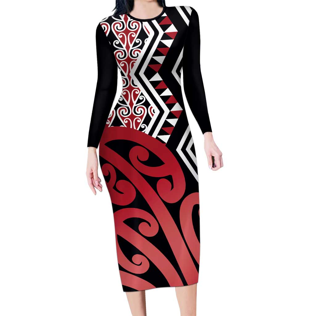 New Zealand Long Sleeve Bodycon Dress Aotearoa Kowhaiwhai Mix Taniko Art - Red