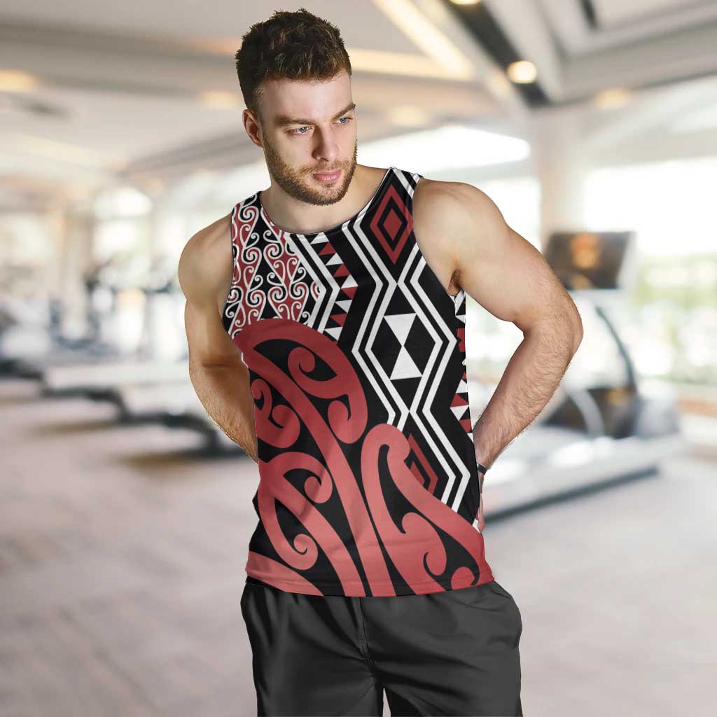 New Zealand Men Tank Top Aotearoa Kowhaiwhai Mix Taniko Art - Red - Vibe Hoodie Shop