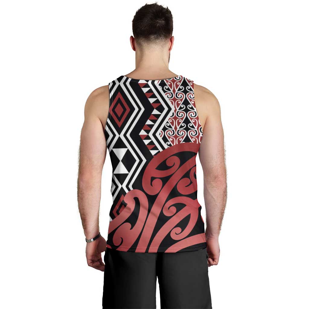 New Zealand Men Tank Top Aotearoa Kowhaiwhai Mix Taniko Art - Red - Vibe Hoodie Shop