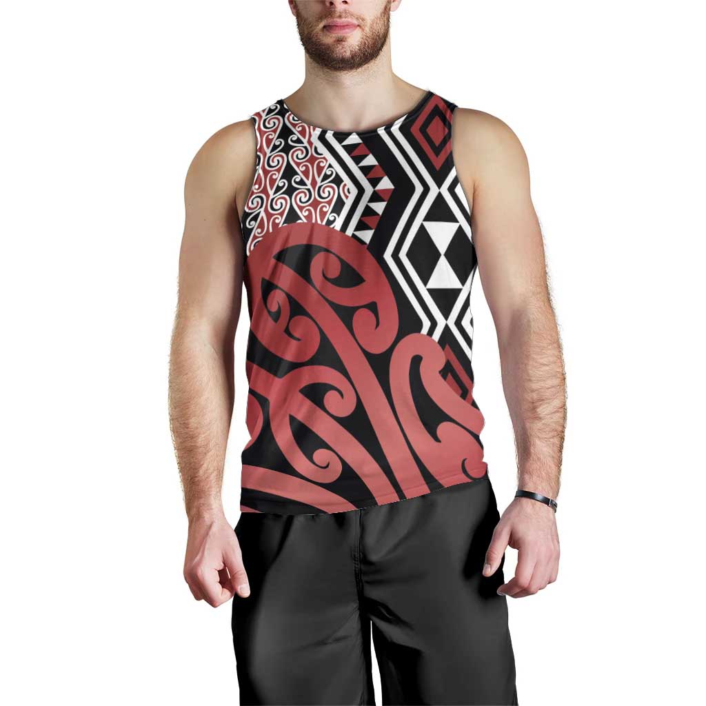 New Zealand Men Tank Top Aotearoa Kowhaiwhai Mix Taniko Art - Red - Vibe Hoodie Shop