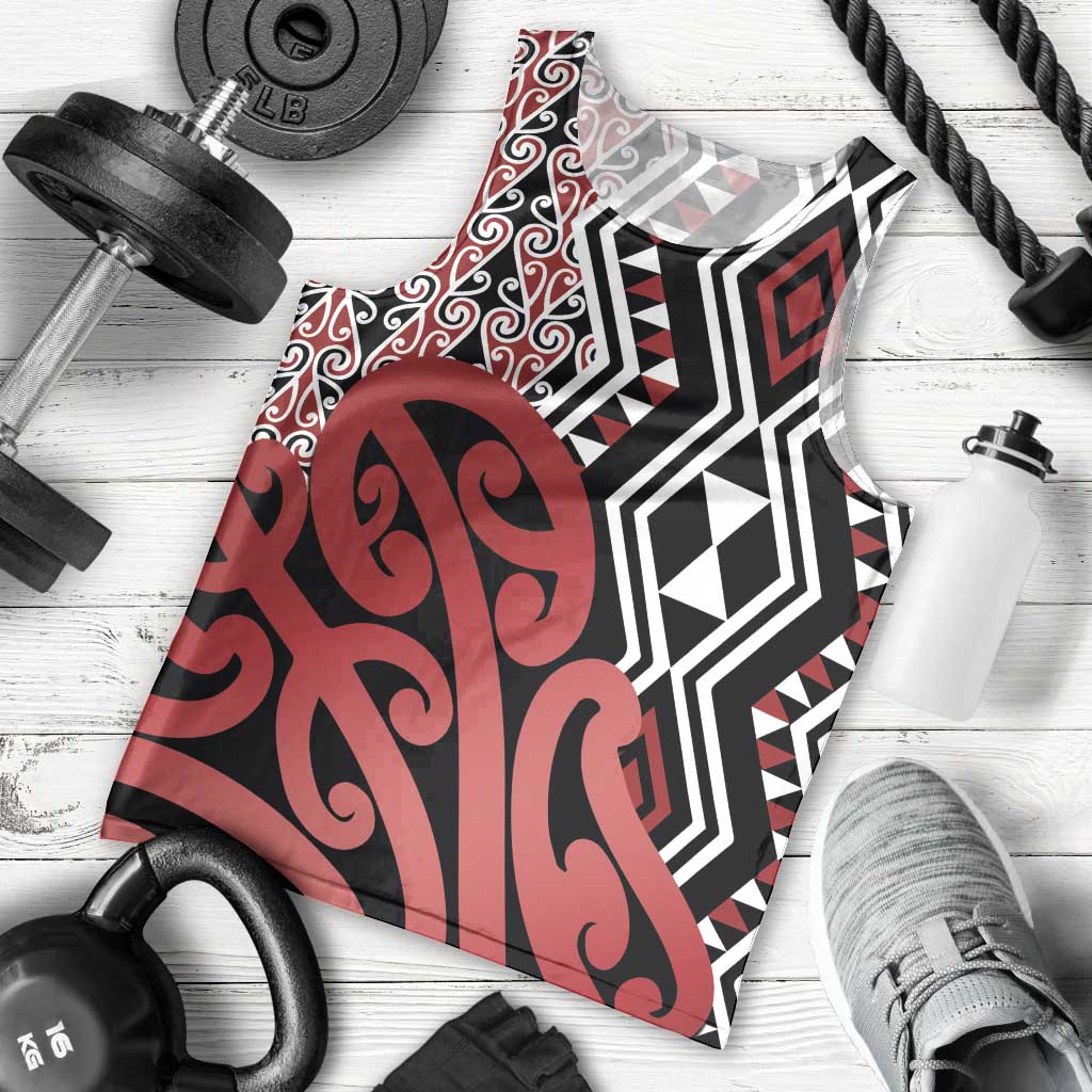 New Zealand Men Tank Top Aotearoa Kowhaiwhai Mix Taniko Art - Red - Vibe Hoodie Shop