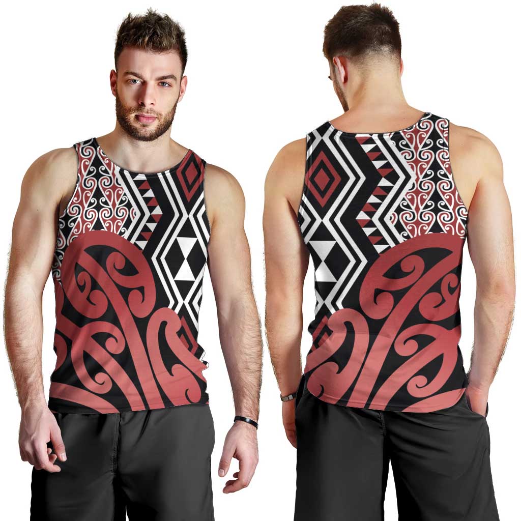 New Zealand Men Tank Top Aotearoa Kowhaiwhai Mix Taniko Art - Red - Vibe Hoodie Shop