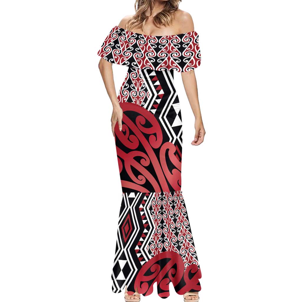 New Zealand Mermaid Dress Aotearoa Kowhaiwhai Mix Taniko Art - Red