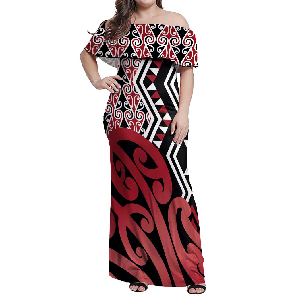 New Zealand Off Shoulder Maxi Dress Aotearoa Kowhaiwhai Mix Taniko Art - Red