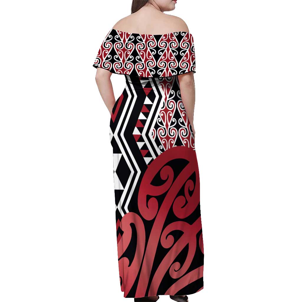 New Zealand Off Shoulder Maxi Dress Aotearoa Kowhaiwhai Mix Taniko Art - Red