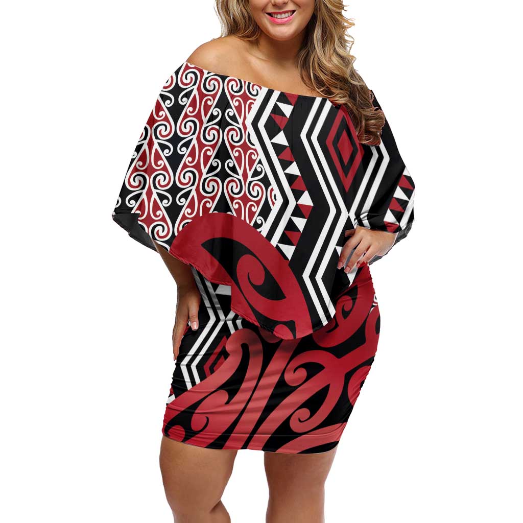 New Zealand Off Shoulder Short Dress Aotearoa Kowhaiwhai Mix Taniko Art - Red