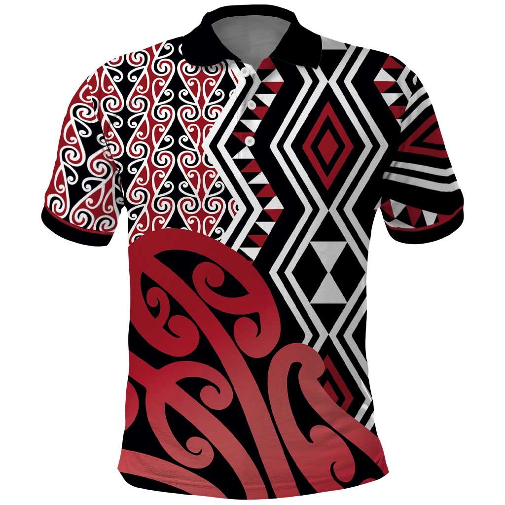 New Zealand Polo Shirt Aotearoa Kowhaiwhai Mix Taniko Art - Red - Vibe Hoodie Shop