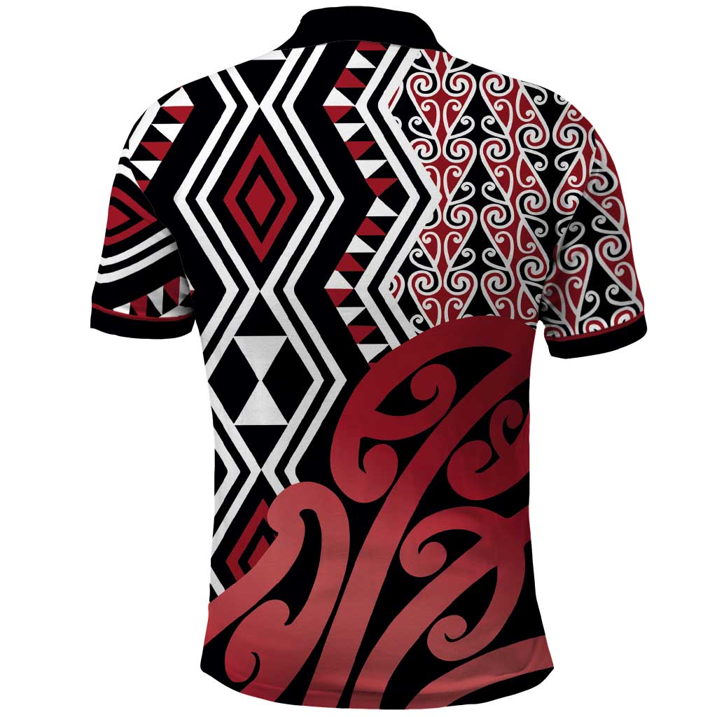 New Zealand Polo Shirt Aotearoa Kowhaiwhai Mix Taniko Art - Red - Vibe Hoodie Shop