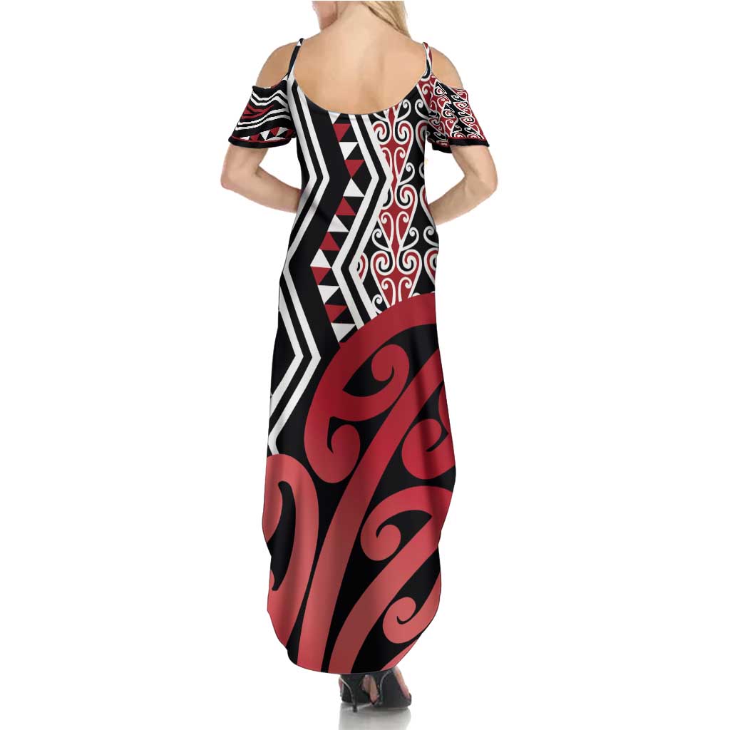 New Zealand Summer Maxi Dress Aotearoa Kowhaiwhai Mix Taniko Art - Red