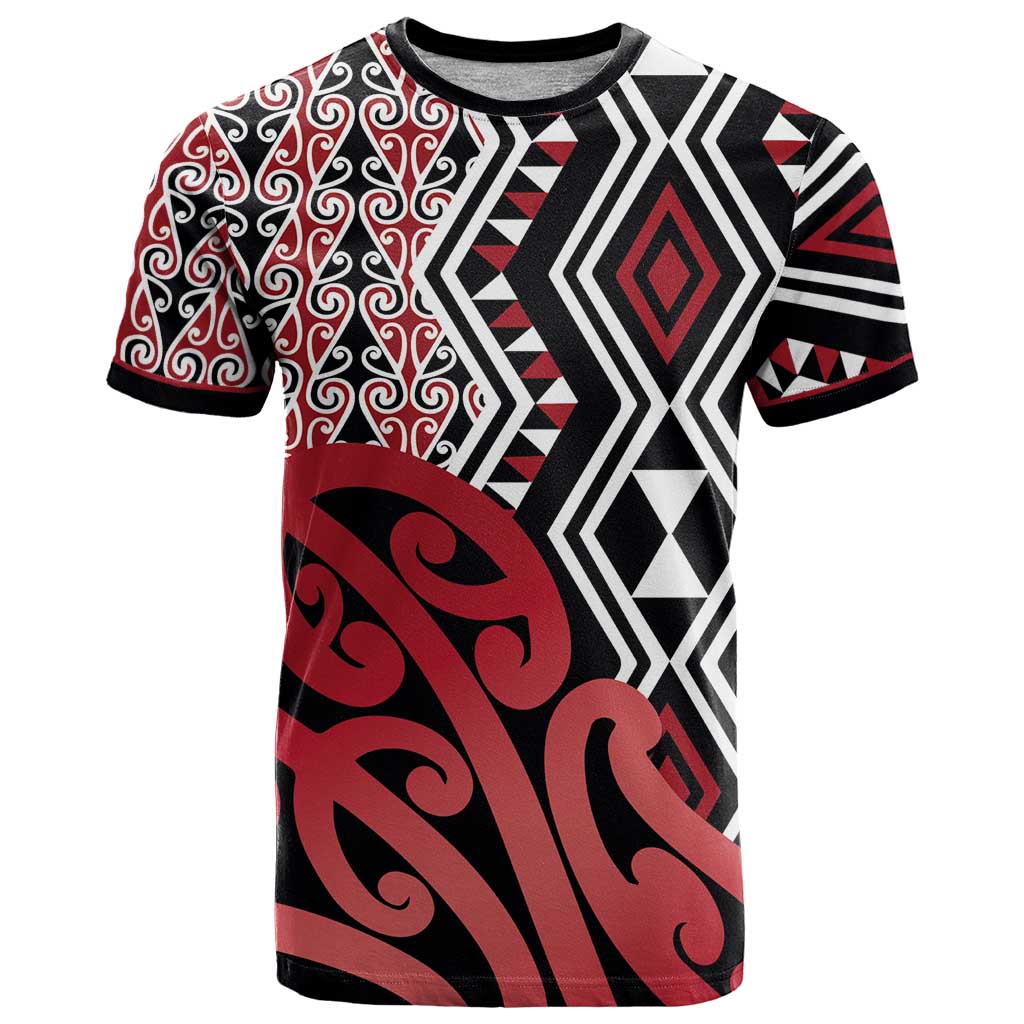 New Zealand T Shirt Aotearoa Kowhaiwhai Mix Taniko Art - Red - Vibe Hoodie Shop