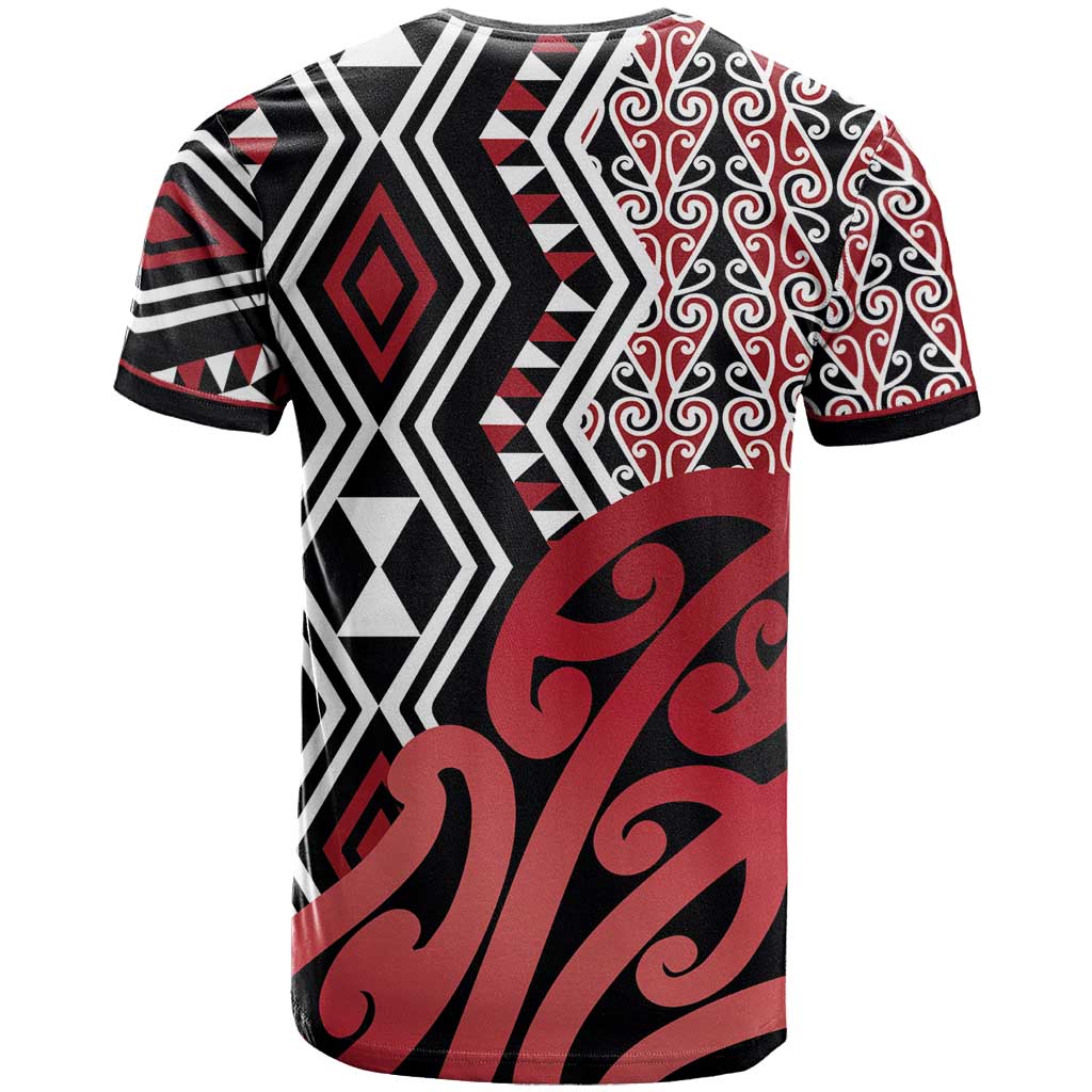 New Zealand T Shirt Aotearoa Kowhaiwhai Mix Taniko Art - Red - Vibe Hoodie Shop