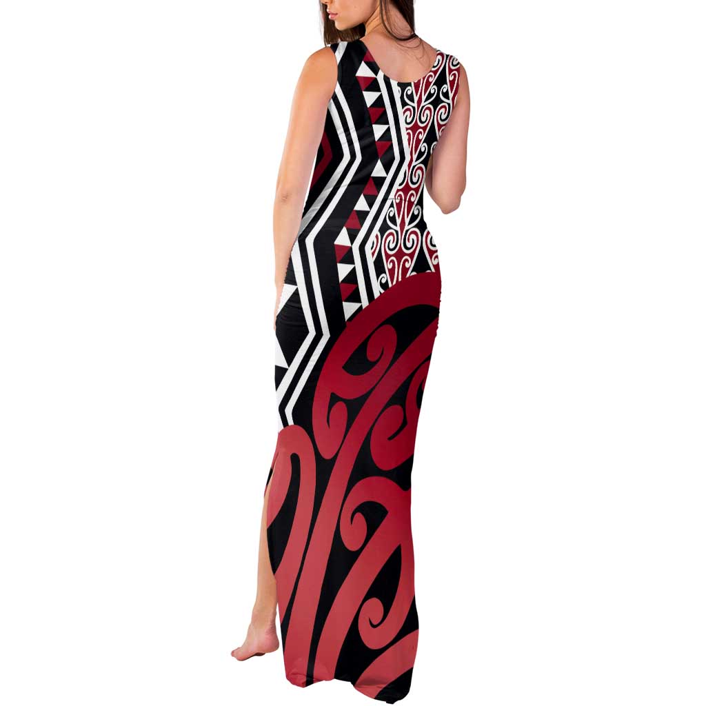 New Zealand Tank Maxi Dress Aotearoa Kowhaiwhai Mix Taniko Art - Red