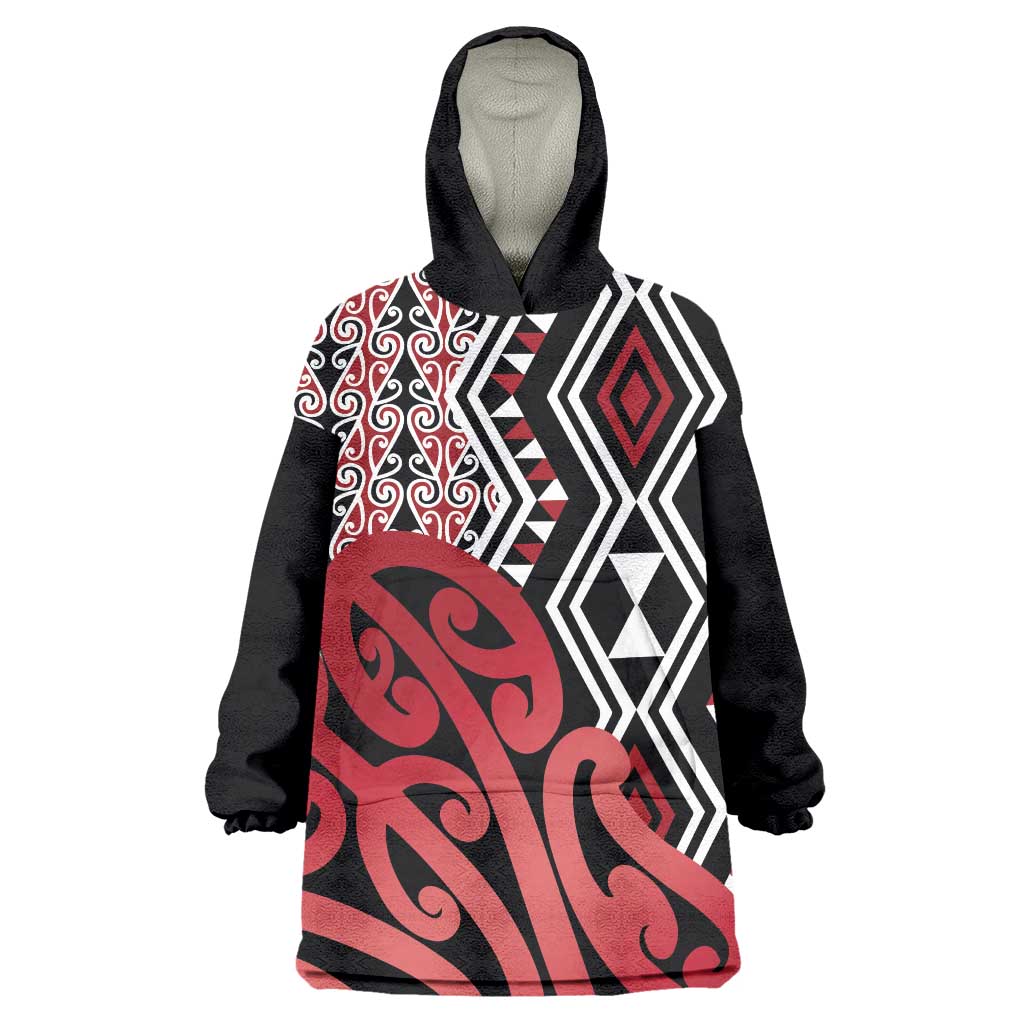 New Zealand Wearable Blanket Hoodie Aotearoa Kowhaiwhai Mix Taniko Art - Red - Vibe Hoodie Shop