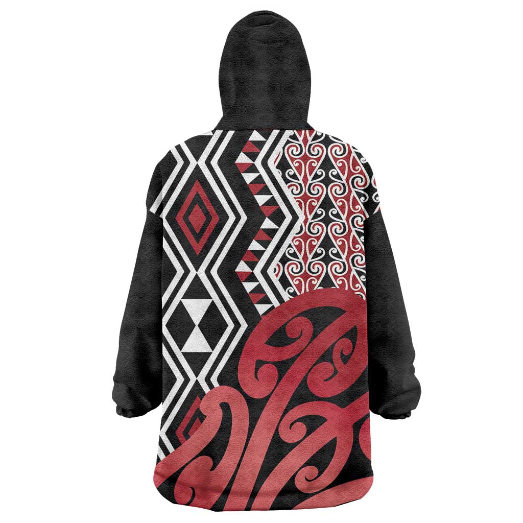 New Zealand Wearable Blanket Hoodie Aotearoa Kowhaiwhai Mix Taniko Art - Red - Vibe Hoodie Shop