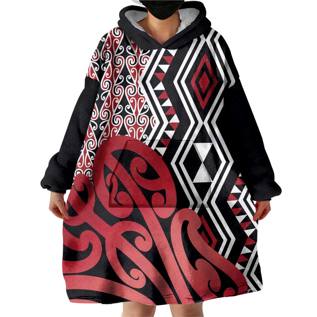 New Zealand Wearable Blanket Hoodie Aotearoa Kowhaiwhai Mix Taniko Art - Red - Vibe Hoodie Shop