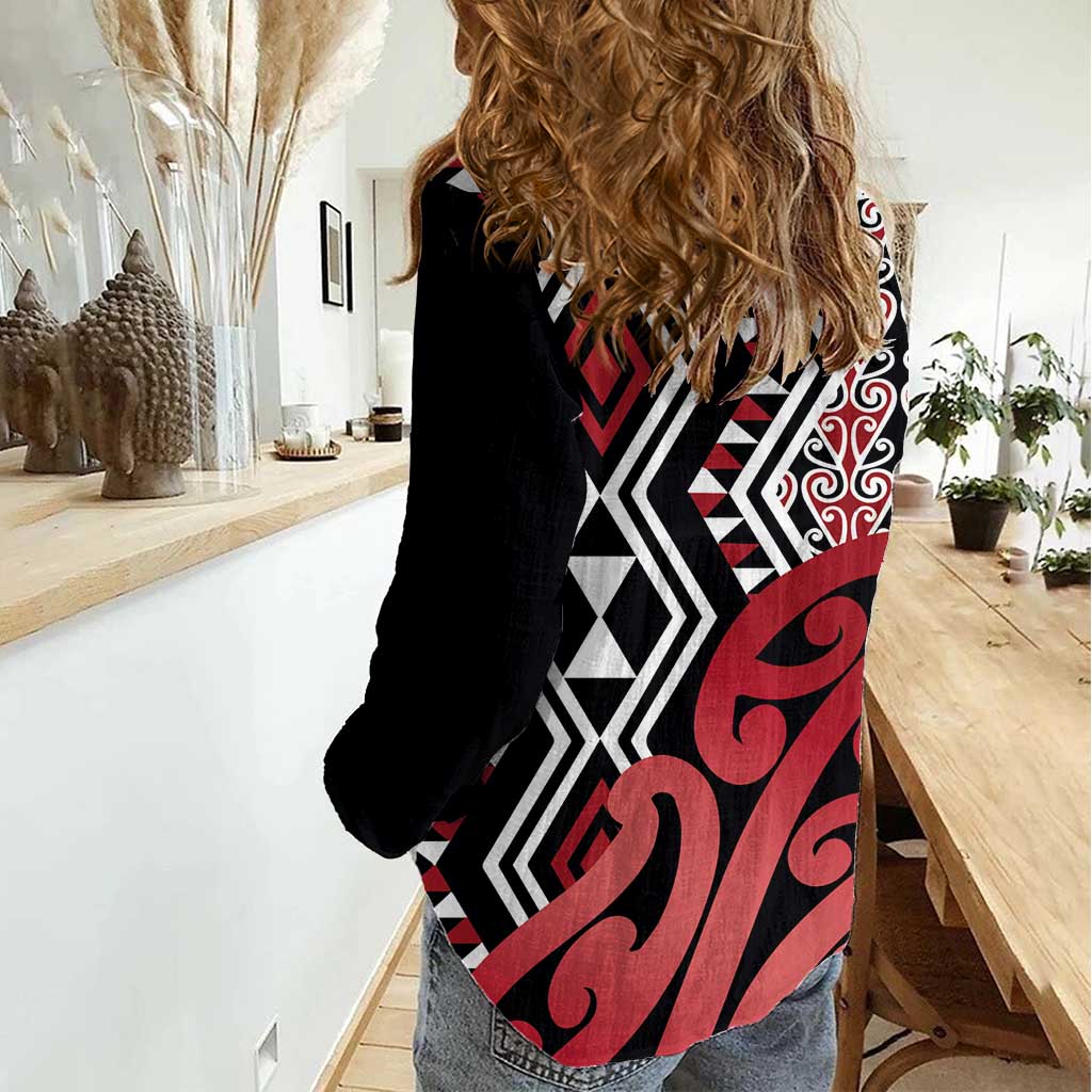 New Zealand Women Casual Shirt Aotearoa Kowhaiwhai Mix Taniko Art - Red - Vibe Hoodie Shop
