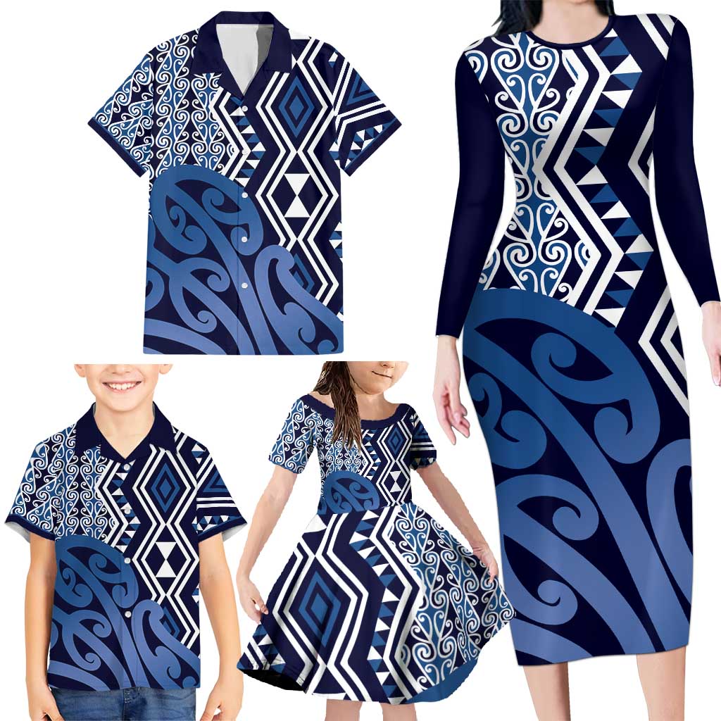 New Zealand Family Matching Long Sleeve Bodycon Dress and Hawaiian Shirt Aotearoa Kowhaiwhai Mix Taniko Art - Blue