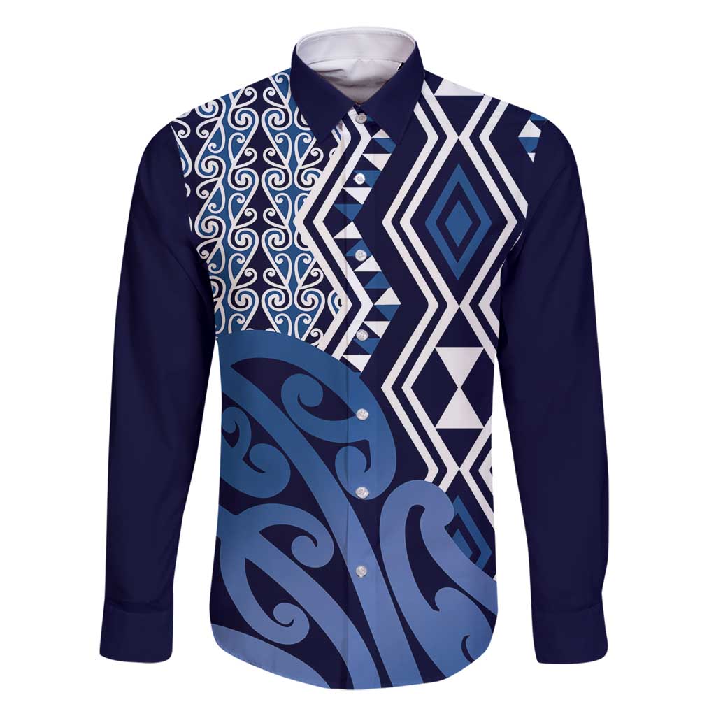 New Zealand Family Matching Long Sleeve Bodycon Dress and Hawaiian Shirt Aotearoa Kowhaiwhai Mix Taniko Art - Blue