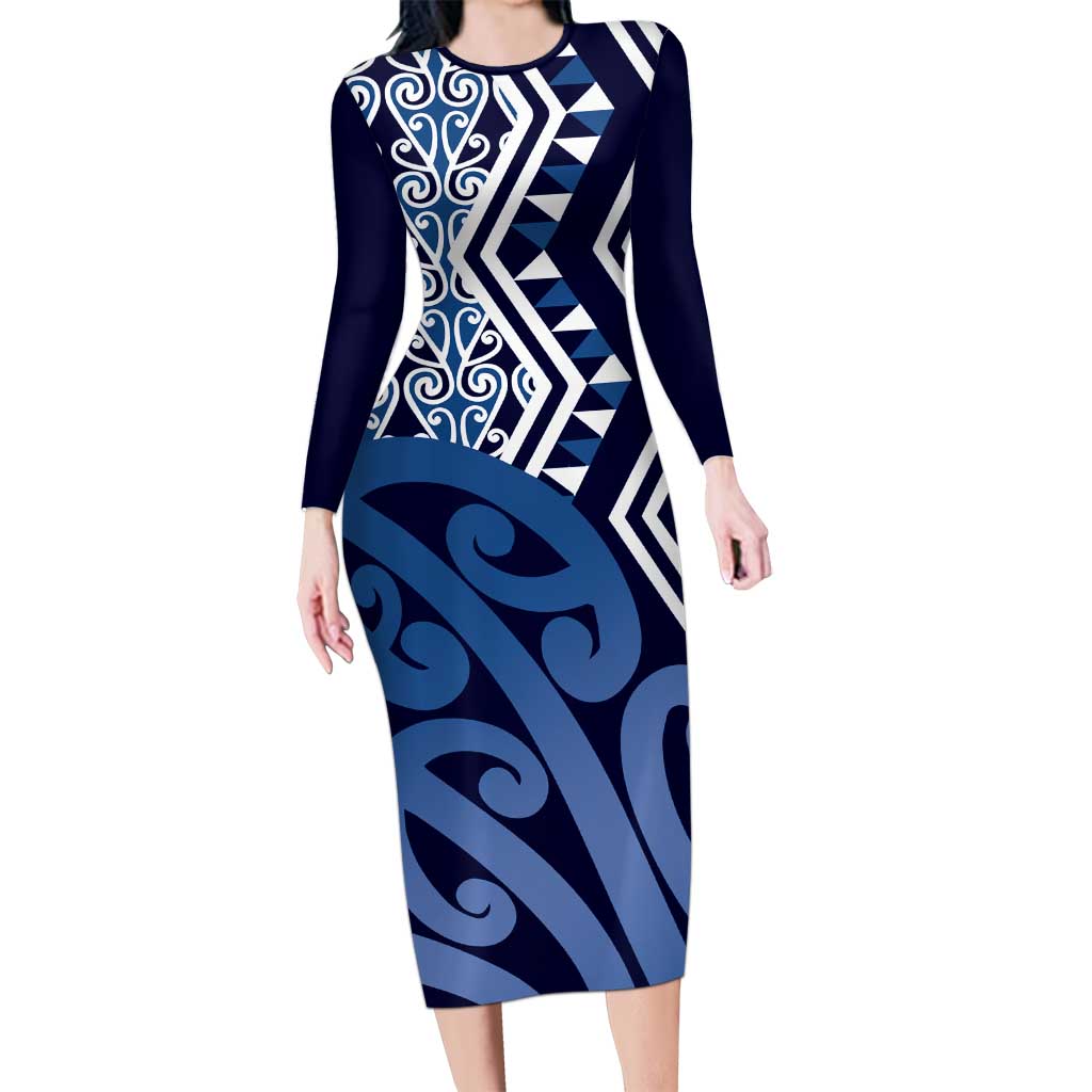 New Zealand Family Matching Long Sleeve Bodycon Dress and Hawaiian Shirt Aotearoa Kowhaiwhai Mix Taniko Art - Blue