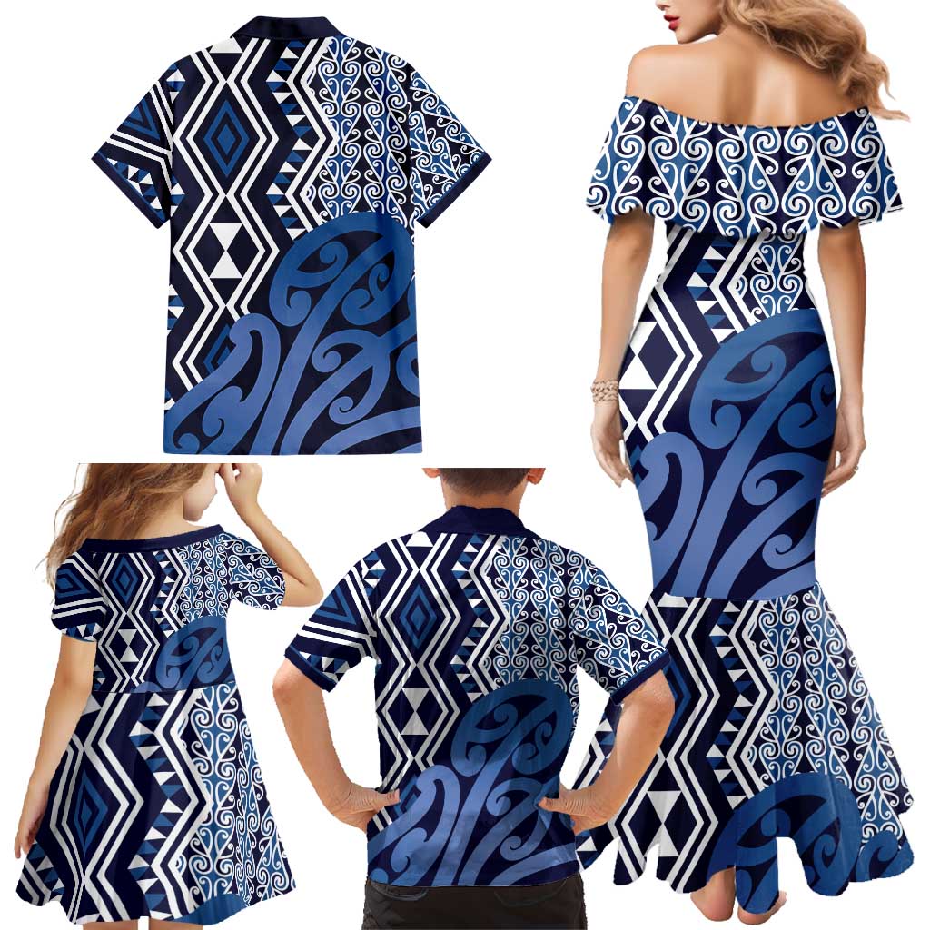 New Zealand Family Matching Mermaid Dress and Hawaiian Shirt Aotearoa Kowhaiwhai Mix Taniko Art - Blue