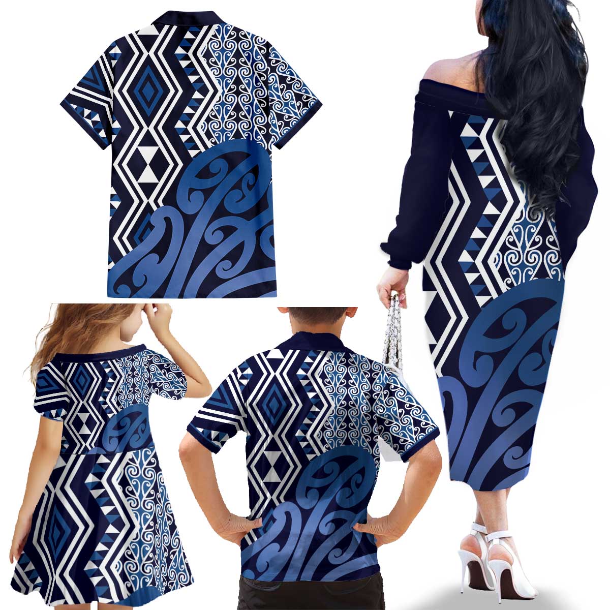 New Zealand Family Matching Off The Shoulder Long Sleeve Dress and Hawaiian Shirt Aotearoa Kowhaiwhai Mix Taniko Art - Blue