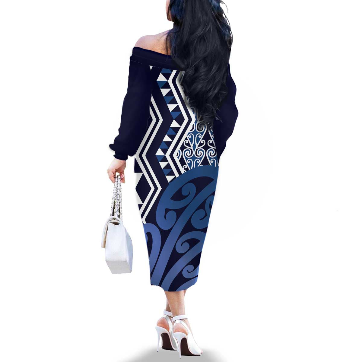 New Zealand Family Matching Off The Shoulder Long Sleeve Dress and Hawaiian Shirt Aotearoa Kowhaiwhai Mix Taniko Art - Blue