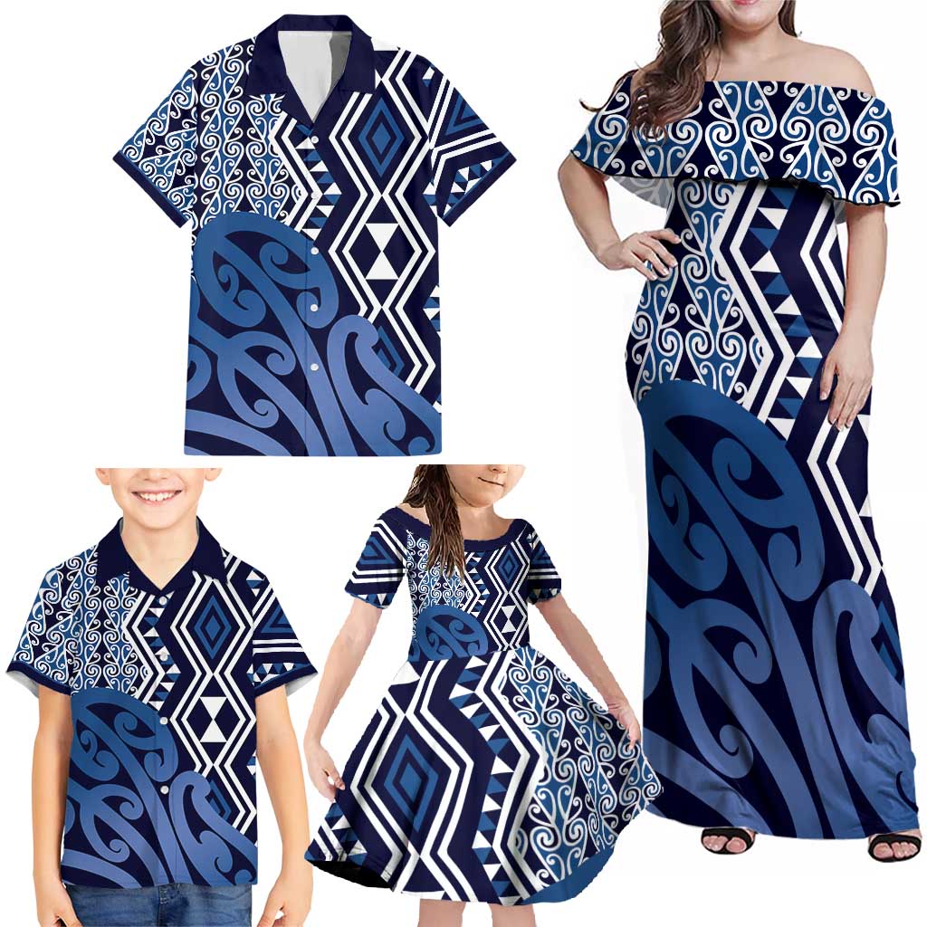 New Zealand Family Matching Off Shoulder Maxi Dress and Hawaiian Shirt Aotearoa Kowhaiwhai Mix Taniko Art - Blue