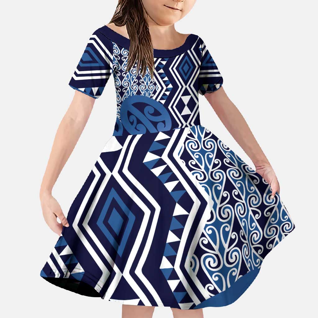 New Zealand Family Matching Off Shoulder Maxi Dress and Hawaiian Shirt Aotearoa Kowhaiwhai Mix Taniko Art - Blue