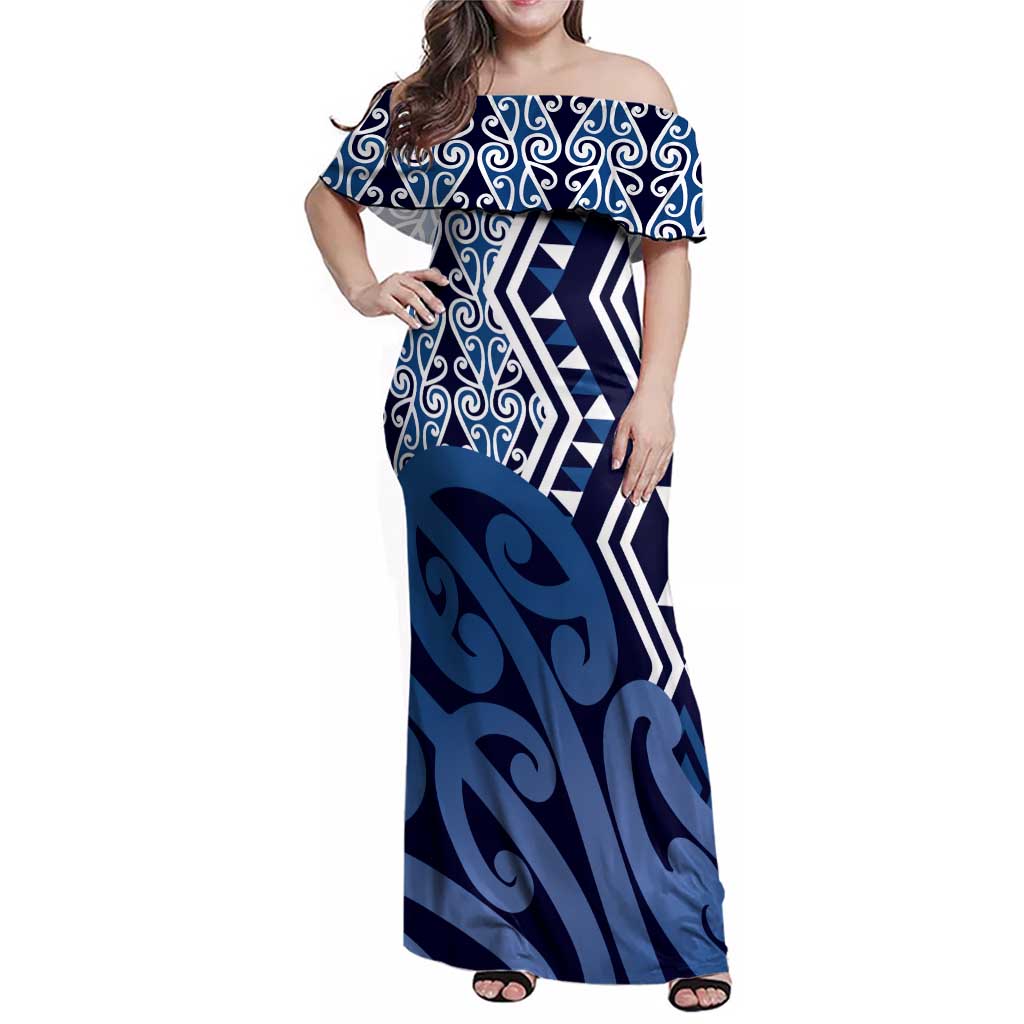 New Zealand Family Matching Off Shoulder Maxi Dress and Hawaiian Shirt Aotearoa Kowhaiwhai Mix Taniko Art - Blue