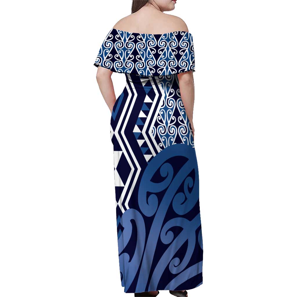 New Zealand Family Matching Off Shoulder Maxi Dress and Hawaiian Shirt Aotearoa Kowhaiwhai Mix Taniko Art - Blue