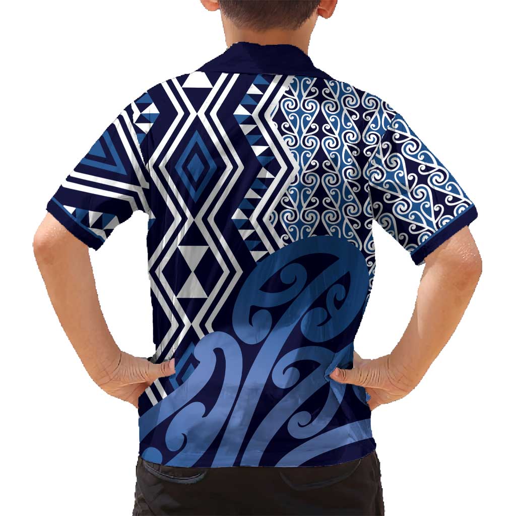 New Zealand Family Matching Off Shoulder Short Dress and Hawaiian Shirt Aotearoa Kowhaiwhai Mix Taniko Art - Blue