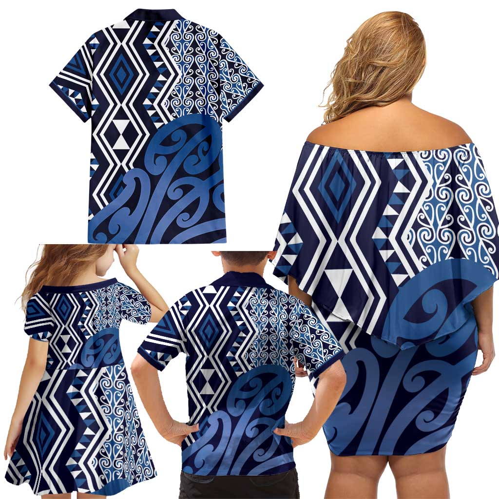 New Zealand Family Matching Off Shoulder Short Dress and Hawaiian Shirt Aotearoa Kowhaiwhai Mix Taniko Art - Blue