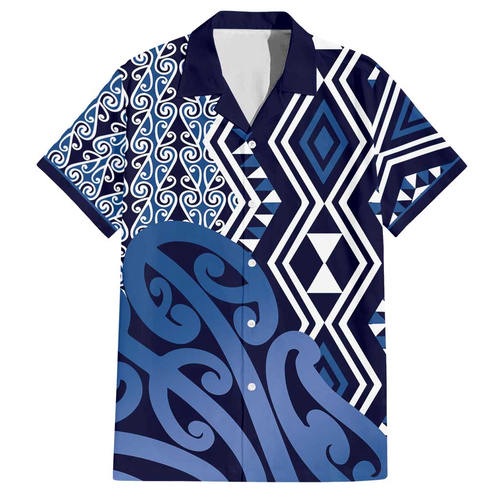 New Zealand Family Matching Off Shoulder Short Dress and Hawaiian Shirt Aotearoa Kowhaiwhai Mix Taniko Art - Blue