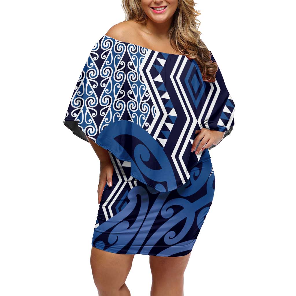 New Zealand Family Matching Off Shoulder Short Dress and Hawaiian Shirt Aotearoa Kowhaiwhai Mix Taniko Art - Blue