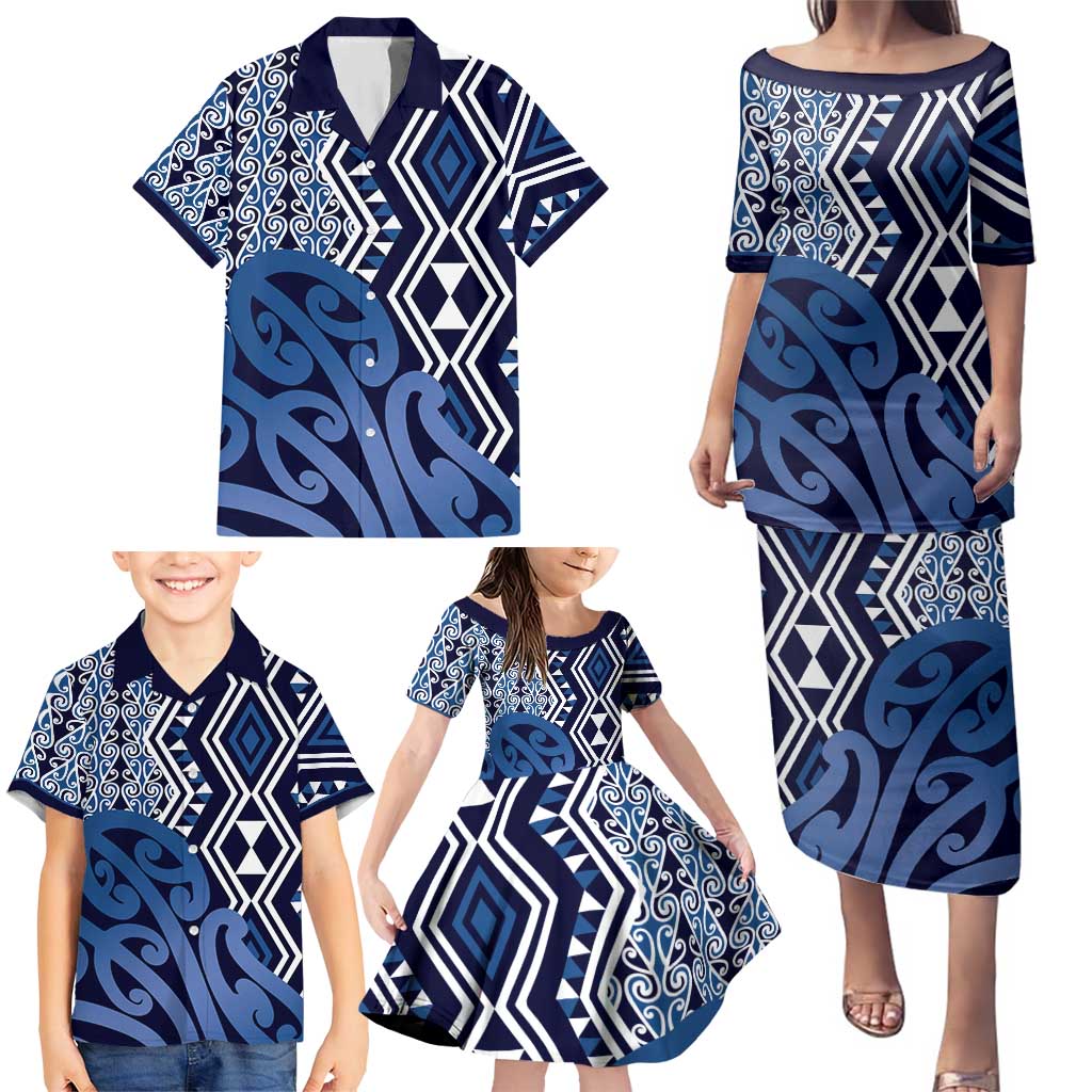 New Zealand Family Matching Puletasi and Hawaiian Shirt Aotearoa Kowhaiwhai Mix Taniko Art - Blue