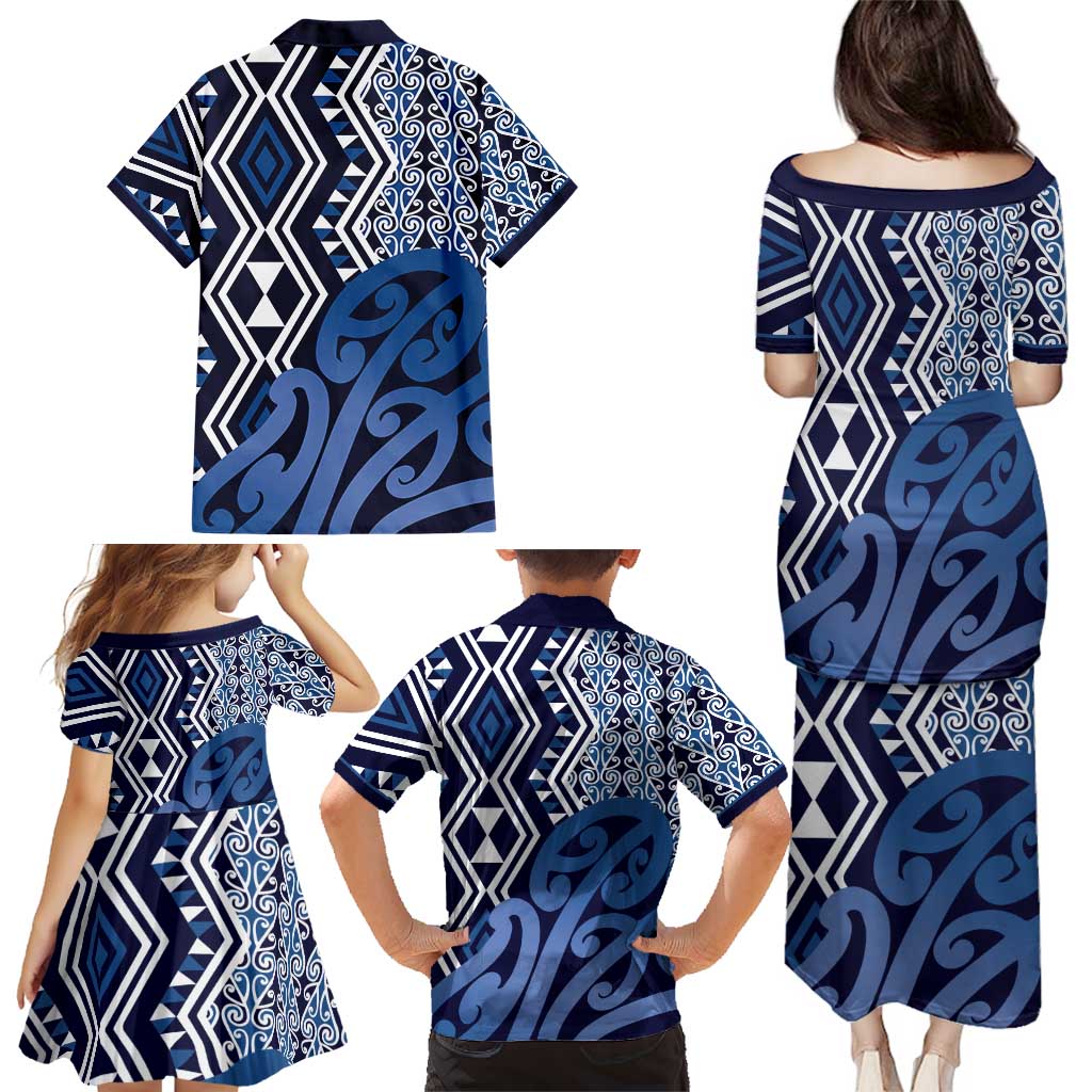 New Zealand Family Matching Puletasi and Hawaiian Shirt Aotearoa Kowhaiwhai Mix Taniko Art - Blue