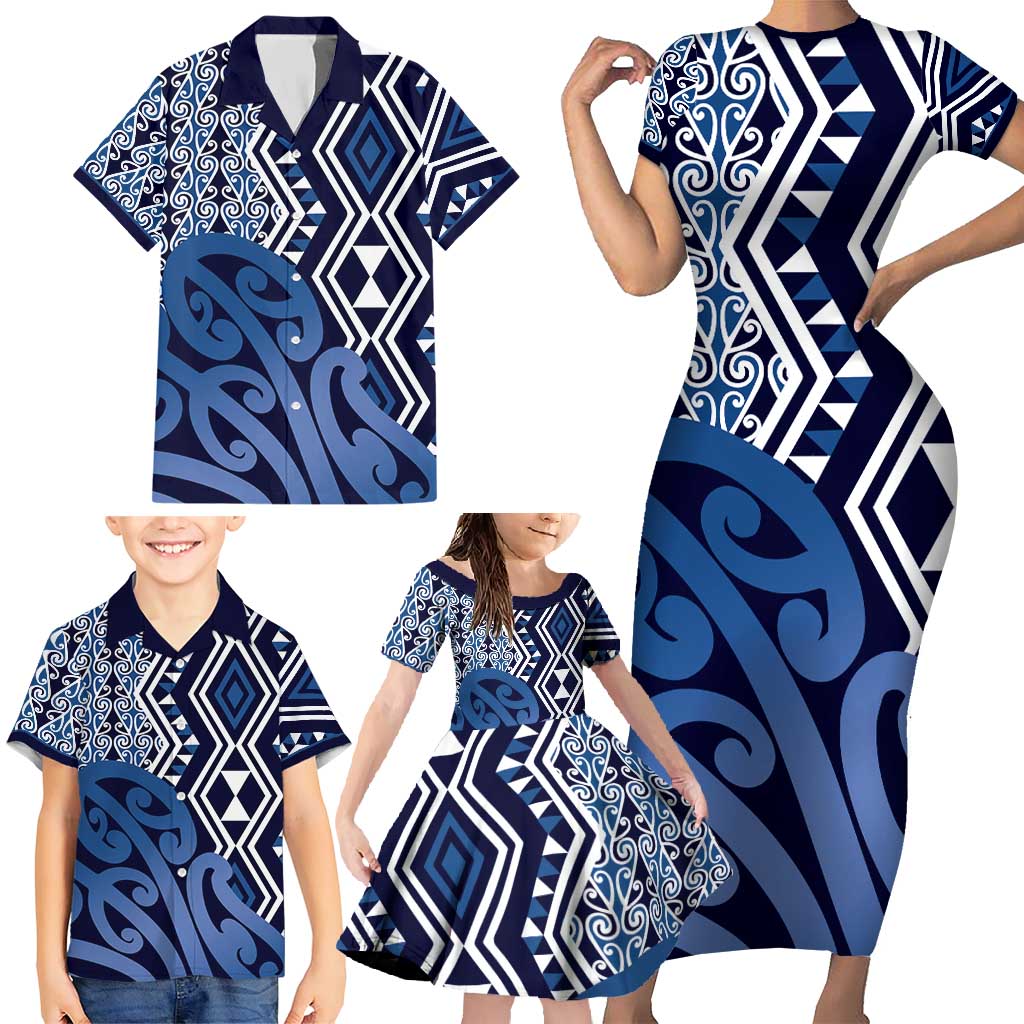 New Zealand Family Matching Short Sleeve Bodycon Dress and Hawaiian Shirt Aotearoa Kowhaiwhai Mix Taniko Art - Blue