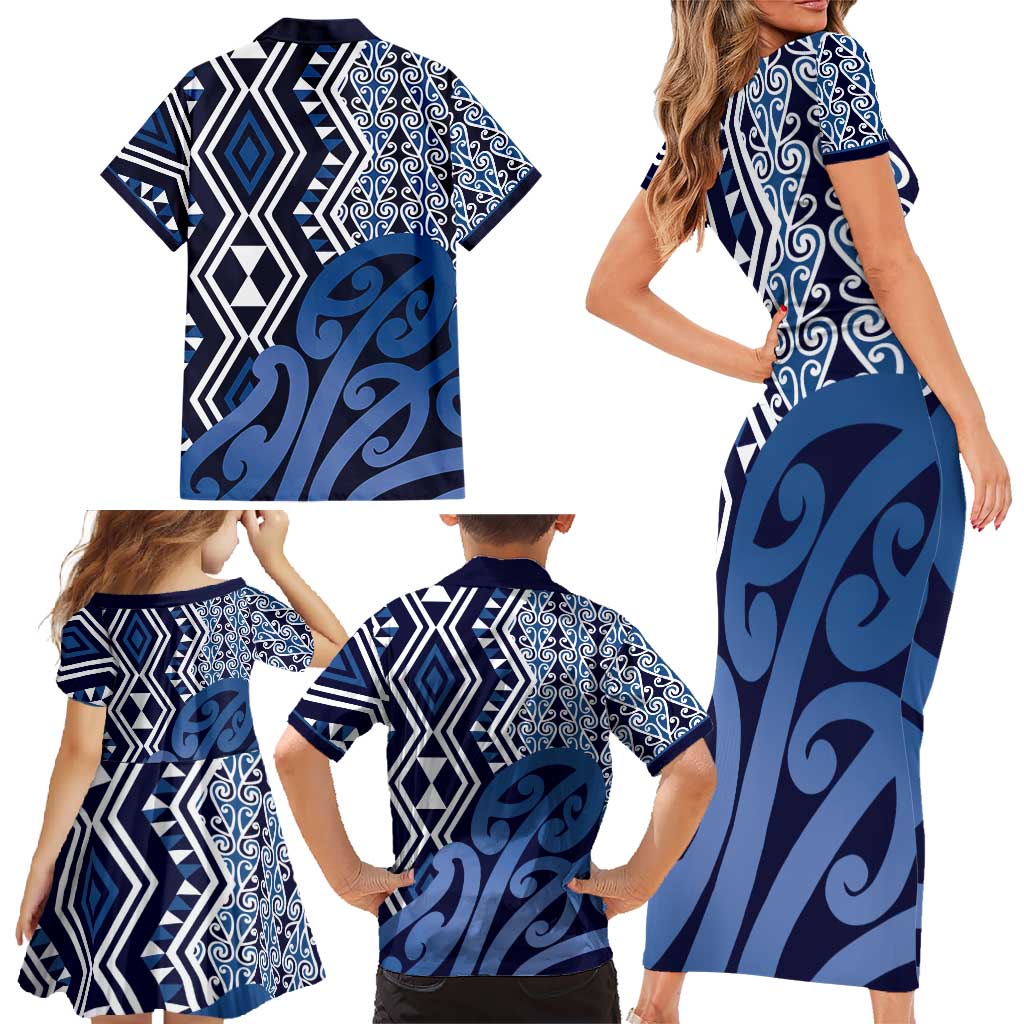 New Zealand Family Matching Short Sleeve Bodycon Dress and Hawaiian Shirt Aotearoa Kowhaiwhai Mix Taniko Art - Blue