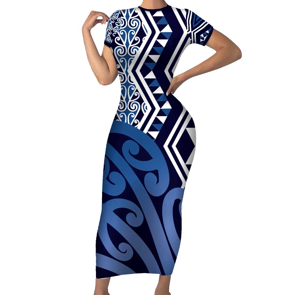 New Zealand Family Matching Short Sleeve Bodycon Dress and Hawaiian Shirt Aotearoa Kowhaiwhai Mix Taniko Art - Blue