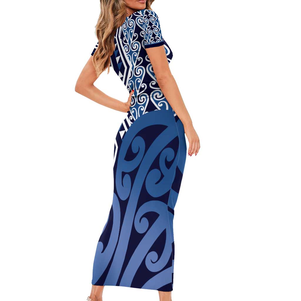 New Zealand Family Matching Short Sleeve Bodycon Dress and Hawaiian Shirt Aotearoa Kowhaiwhai Mix Taniko Art - Blue