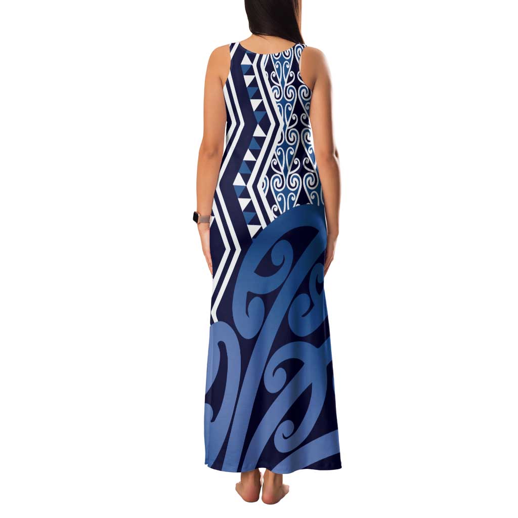 New Zealand Family Matching Tank Maxi Dress and Hawaiian Shirt Aotearoa Kowhaiwhai Mix Taniko Art - Blue