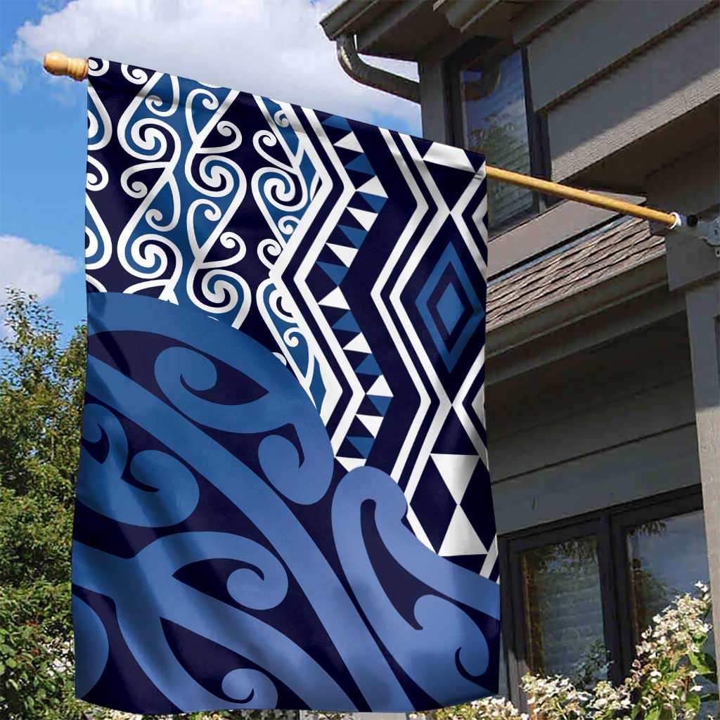 New Zealand Garden Flag Aotearoa Kowhaiwhai Mix Taniko Art - Blue - Vibe Hoodie Shop