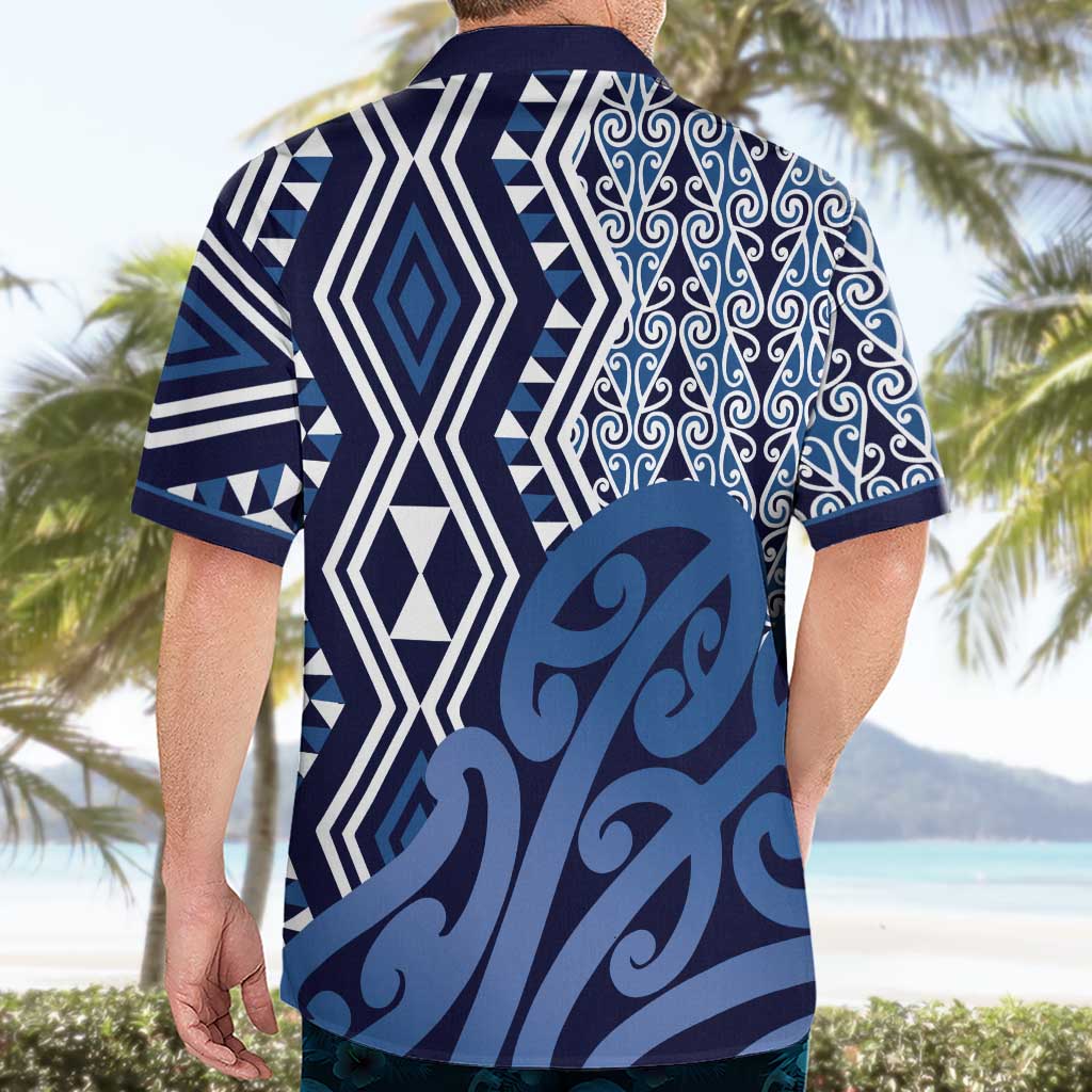 New Zealand Hawaiian Shirt Aotearoa Kowhaiwhai Mix Taniko Art - Blue - Vibe Hoodie Shop